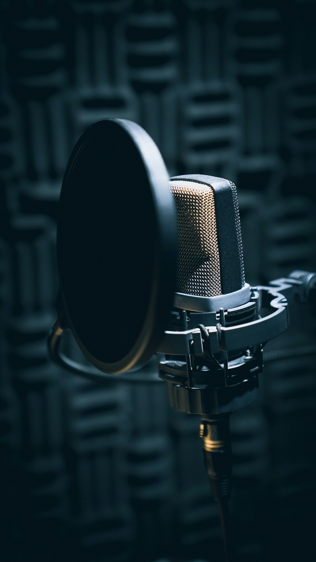 Podcast microphone in a dimly lit recording studio